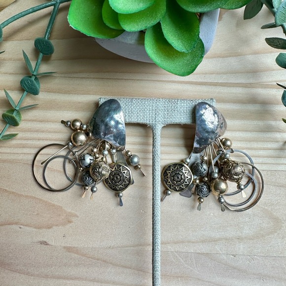 VTG Dangle Earrings 2.75 Inch Southwest Silver Gold Plate Mixed Charms Beads - Picture 7 of 8